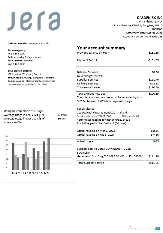 Download Thailand JERA power business utility bill template in Word and PDF formats Photoshop template